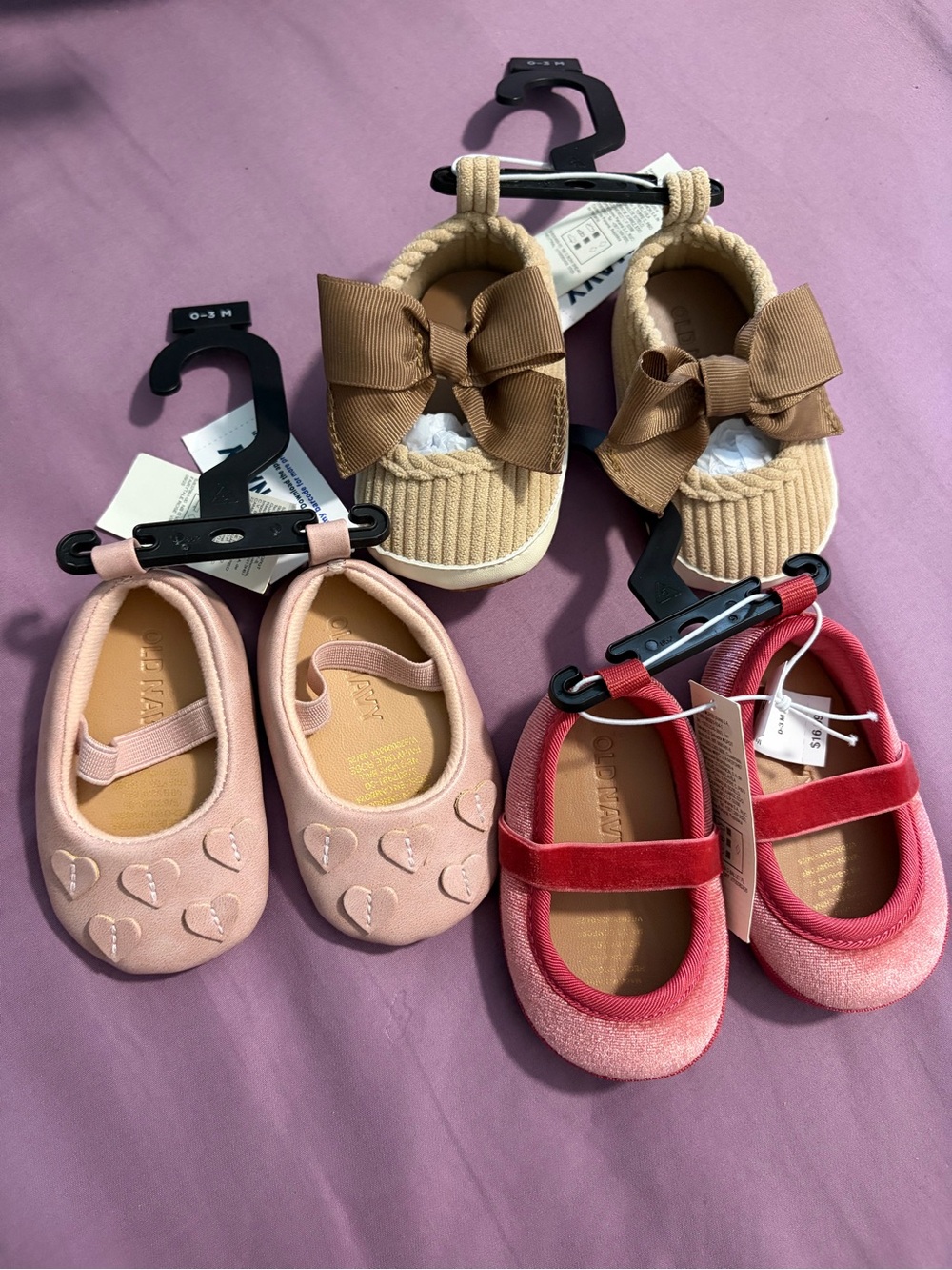 Infant Girls Pink & Tan Mary Jane and Bow Shoes size 0-3 months set of 3